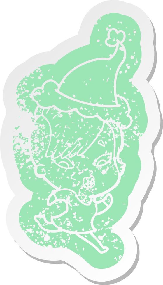 cartoon distressed sticker of a surprised girl wearing santa hat vector