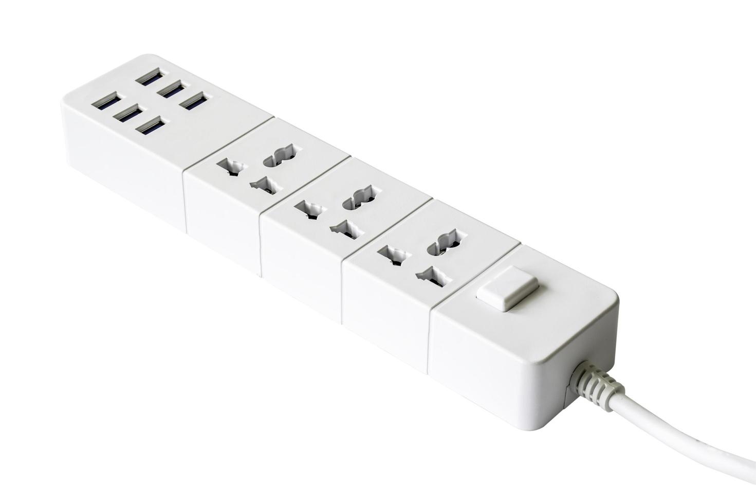 Extension power strip or trailer plug or extension cord with 6 USB charging hub ports isolated on white background. Clipping path. photo