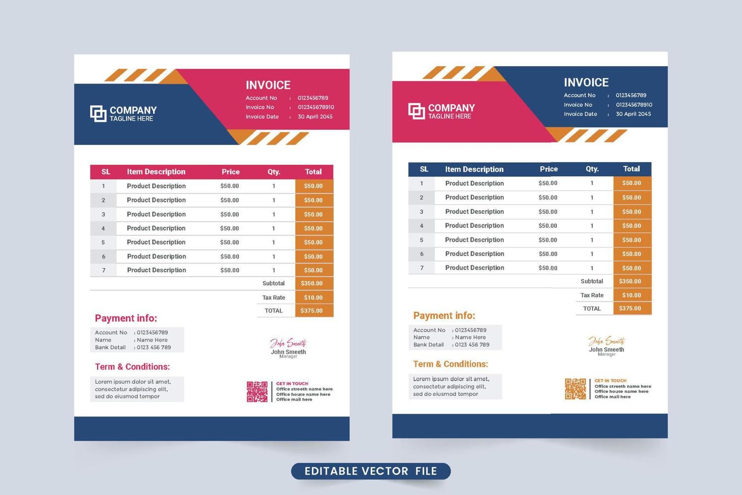 Creative invoice template vector with colorful shapes. Minimalist payment receipt template decoration. Invoice and price receipt template with company info and purchase price sections.