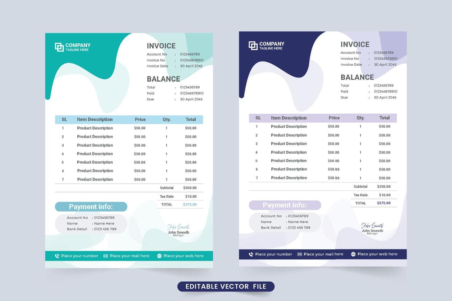 Company payment agreement and invoice bill template vector. Business payment information and price section design. Cash receipt and billing paper decoration vector with abstract shapes.