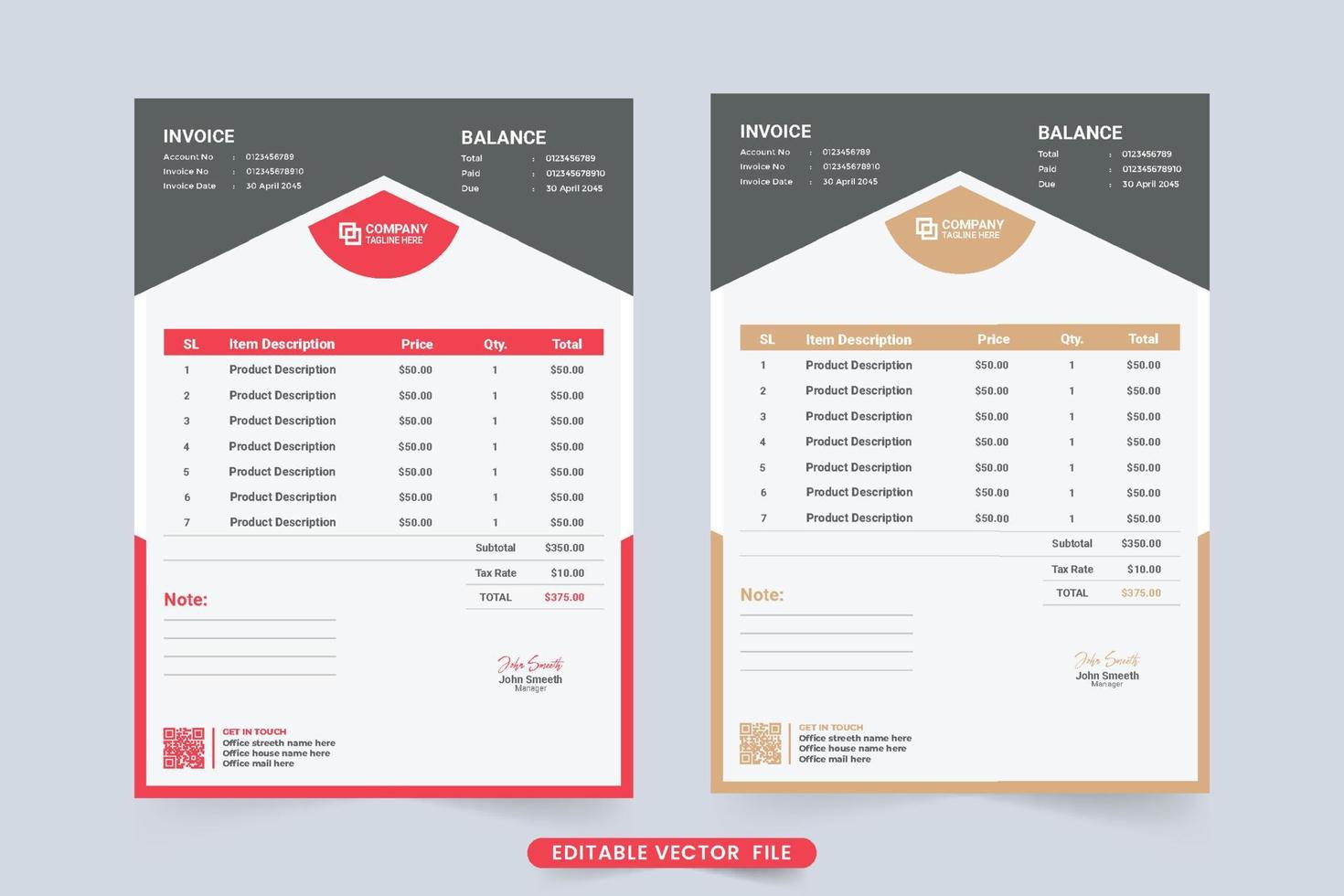 diseño de plantilla de factura de empresa con colores rojo y marrón. recibo de pago y factura de compra para la organización de negocios corporativos. vector de diseño de plantilla de factura creativa con sección de acuerdo de pago