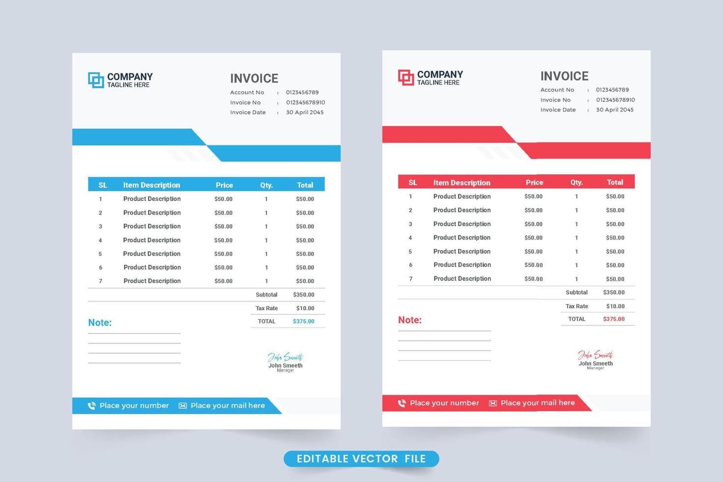 Invoice Template vector with blue and red shapes. Corporate business invoice and purchase agreement receipt vector. Creative business receipt and billing paper decoration vector.