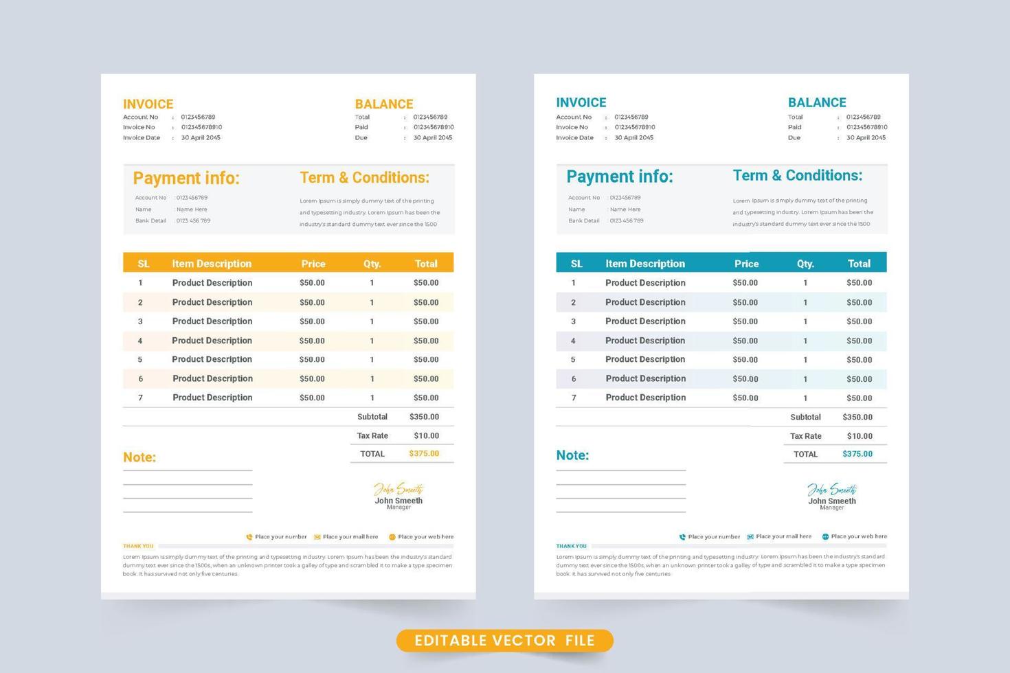 Modern minimal invoice template decoration with business info section. Payment receipt and invoice bill template with yellow and blue colors. Product buy and sell info tracker and cash receipt vector. vector