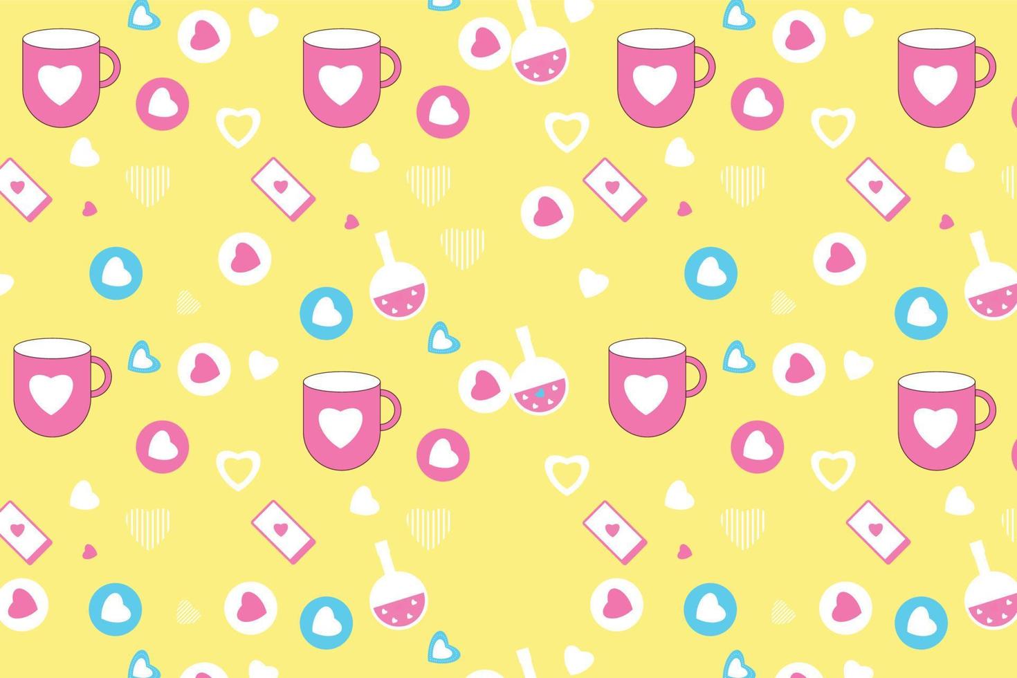 Abstract love pattern decoration element vector. Endless minimalist love pattern with different love shapes and coffee mugs on a yellow background. Seamless pattern element design for book covers. vector