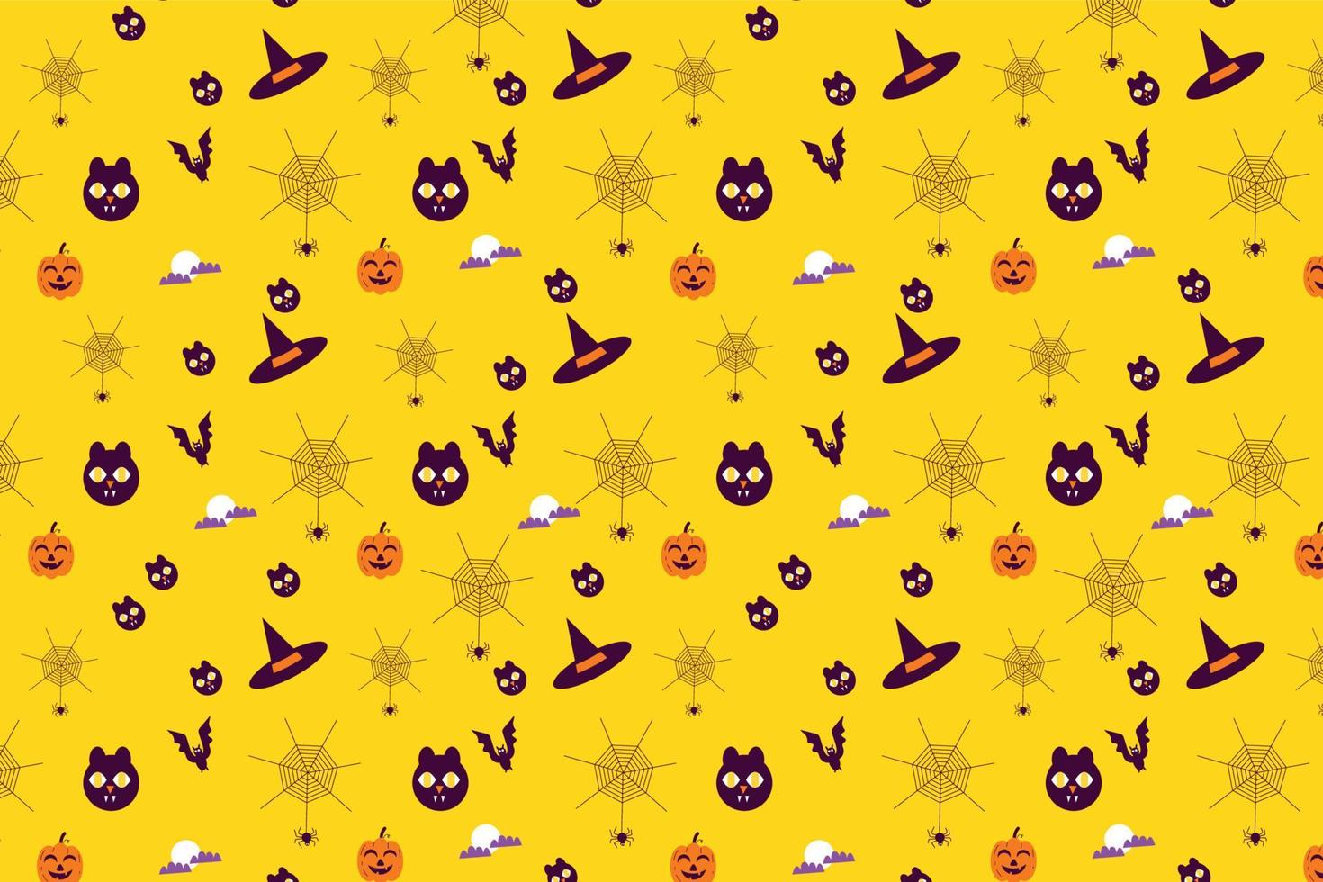 Halloween scary seamless pattern design with cat faces and witch hats. Abstract minimal pattern vector for Halloween event. Endless pattern with spider webs on a yellow background.