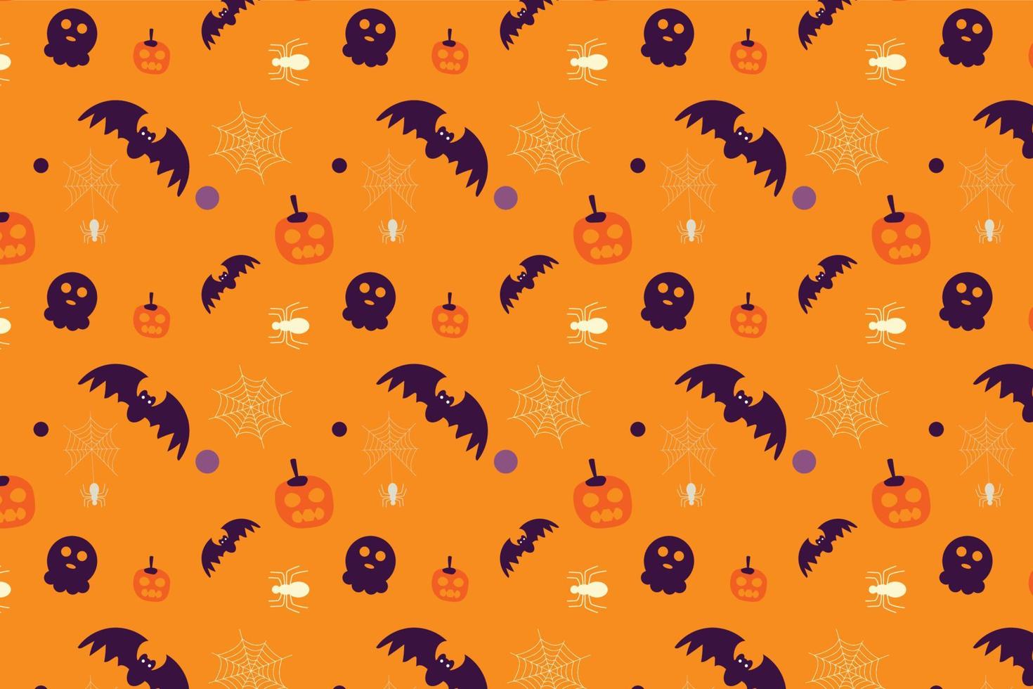 Scary Halloween element pattern decoration on an orange background. Halloween endless pattern vector with bats, scary pumpkins, and spiders. Halloween pattern design for wrap papers and wallpapers.