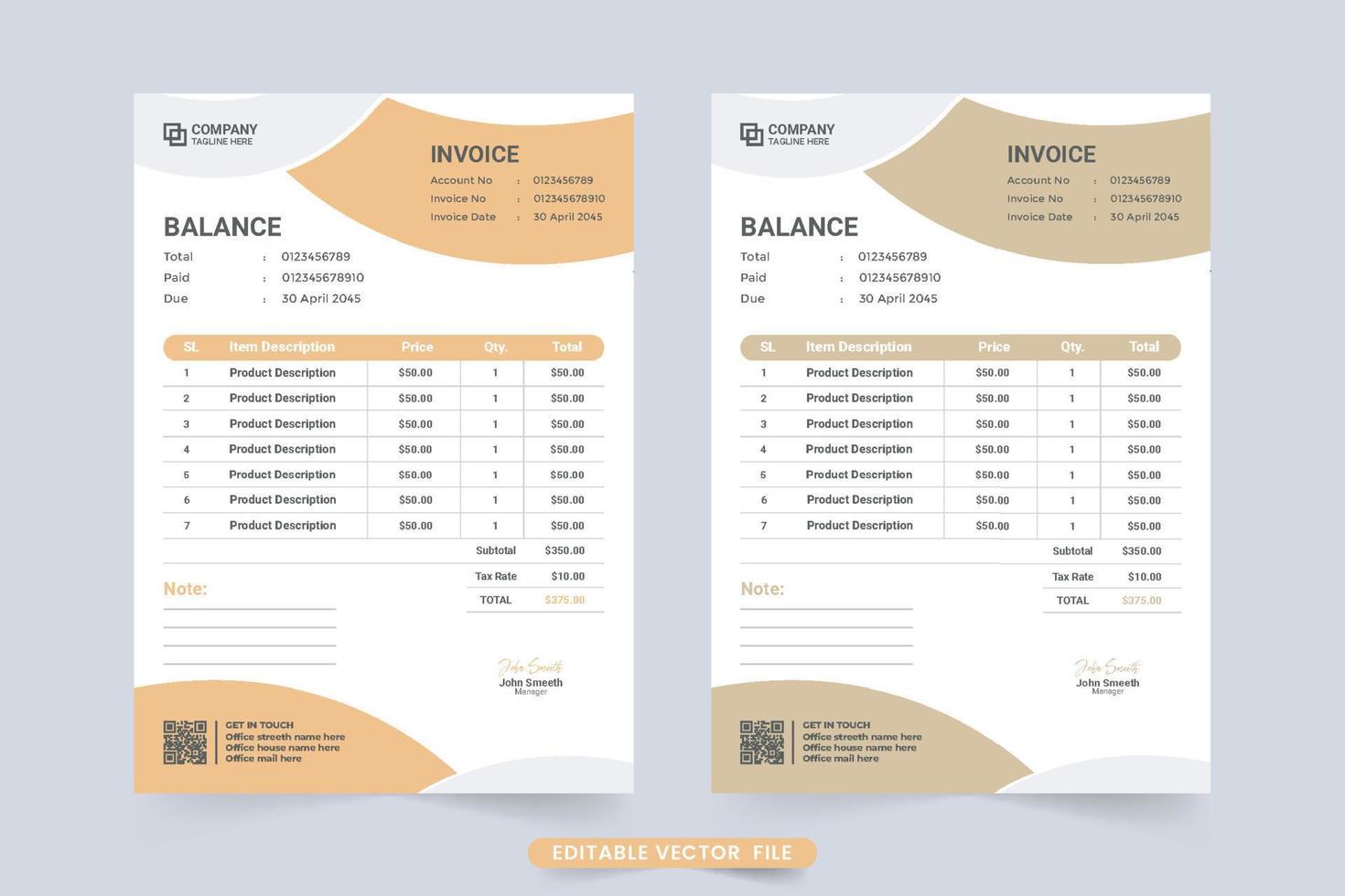 Creative minimal invoice template decoration with abstract shapes and orange color shade. Print ready payment agreement and billing paper vector. Invoice bill template and price receipt for business. vector