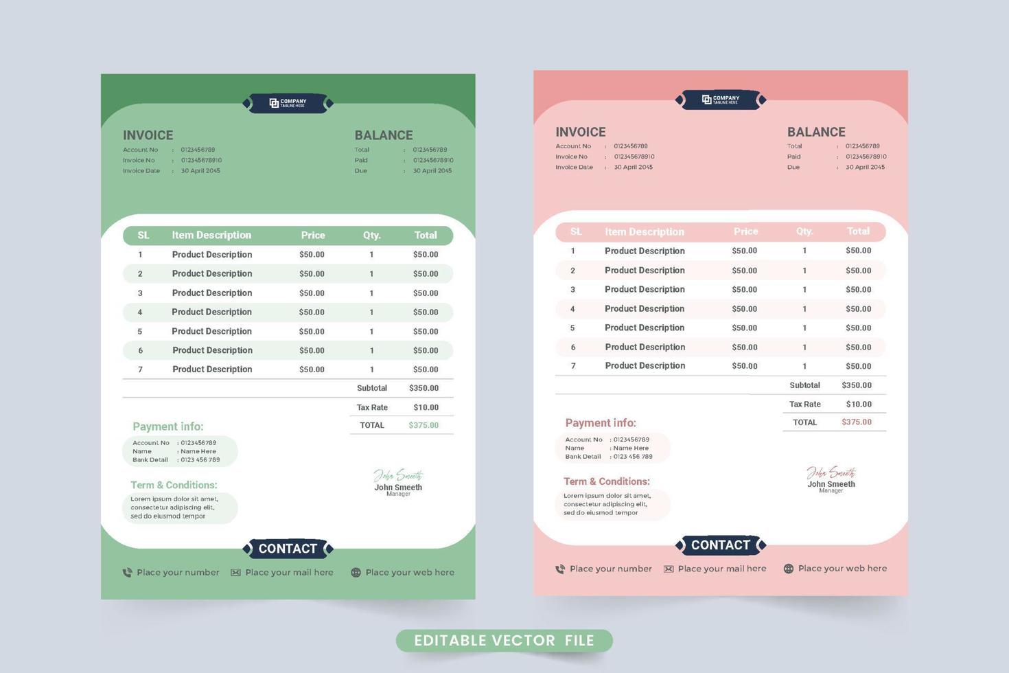 Girly business payment receipt design with pink and green colors. Digital payment receipt with abstract shapes. Corporate business invoice template and price receipt decoration vector. vector
