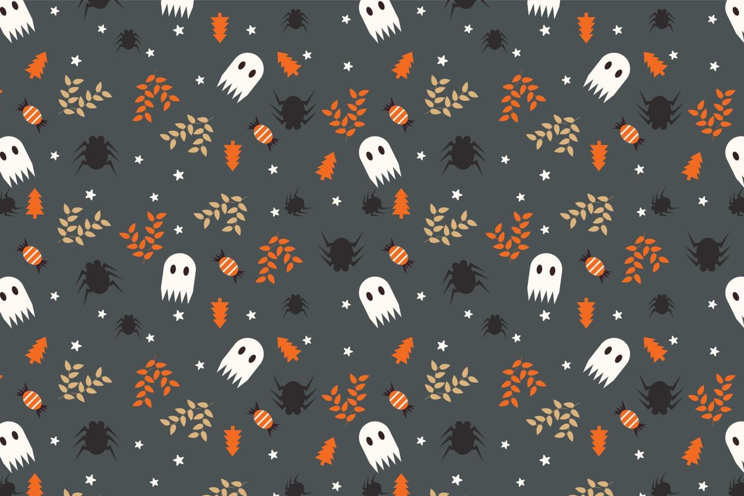 fondo de patrón de halloween aterrador con fantasmas lindos y vector de hojas muertas. decoración de fondo de patrón de halloween aterrador con fantasmas lindos y vector de hojas muertas. decoración de