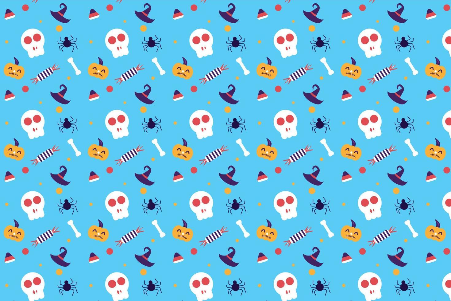 Halloween cute element pattern vector on a light blue background. Halloween seamless pattern with scary pumpkins and dead skulls. Abstract pattern decoration for Halloween events.