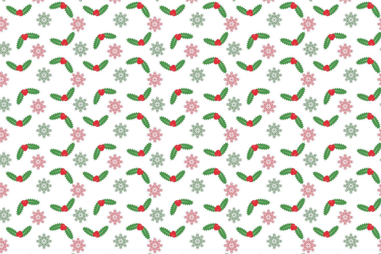 Abstract Christmas pattern vector with green leaves and red cherries. Christmas wrapping paper and book cover decoration pattern design. Minimal Christmas pattern on a white background with snowflakes