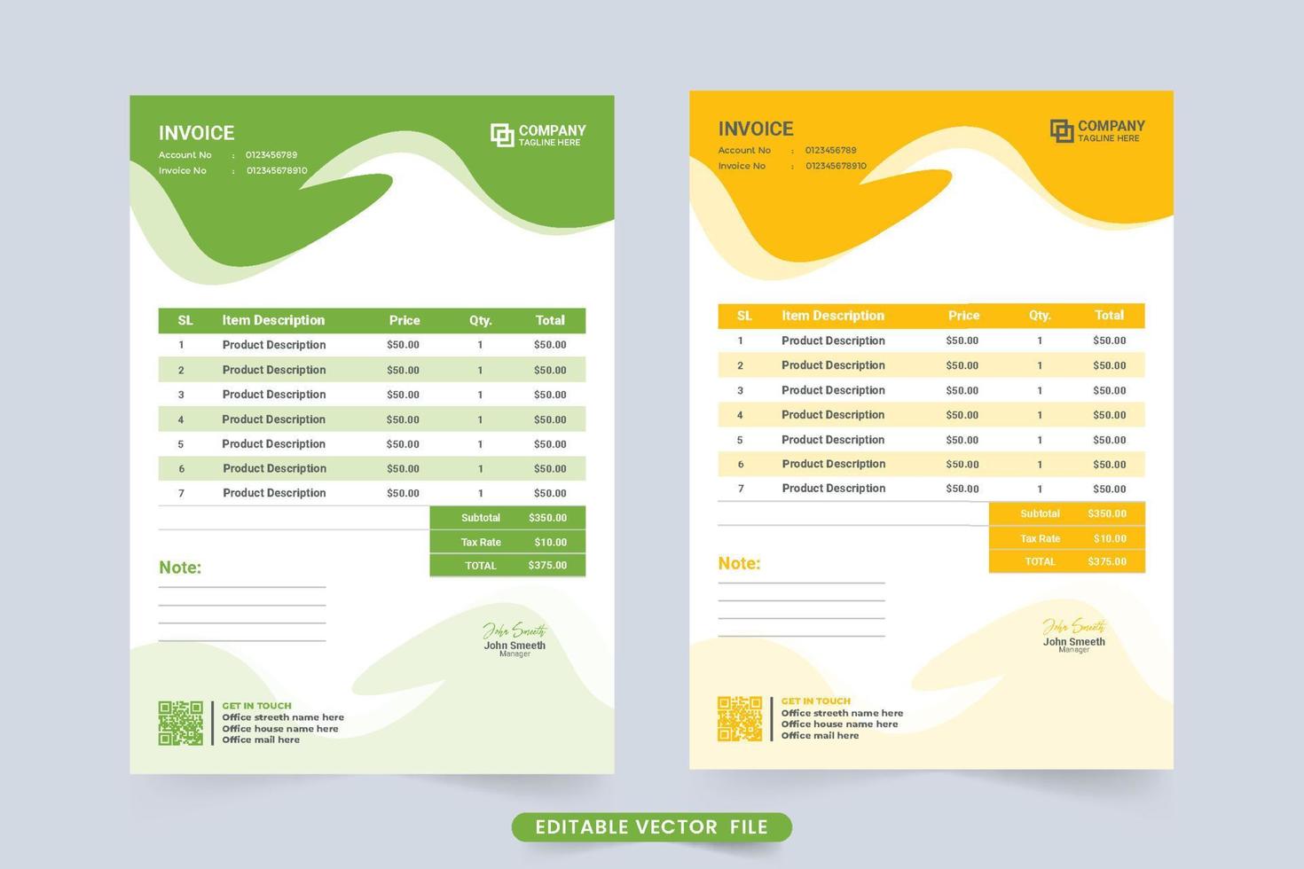 Business invoice and product buy and sell agreement paper design vector. Invoice billing template with abstract shapes. Product list and business info tracker invoice vector with blue and yellow color