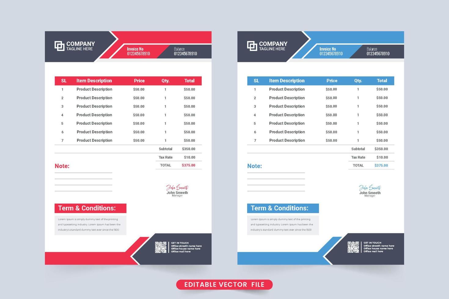 Cash receipt and minimal invoice template vector with abstract shapes. Corporate invoice design with blue and red colors. Payment receipt and agreement info tracker for modern business.