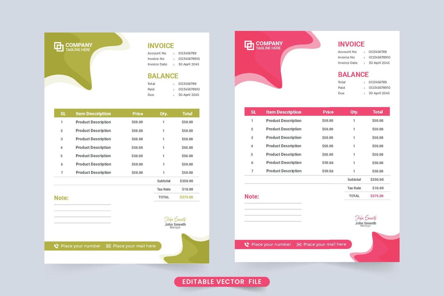 Minimalist purchase receipt and invoice template vector for business. Payment receipt template with abstract shapes. Payment agreement and invoice bill template decoration with green and red colors.