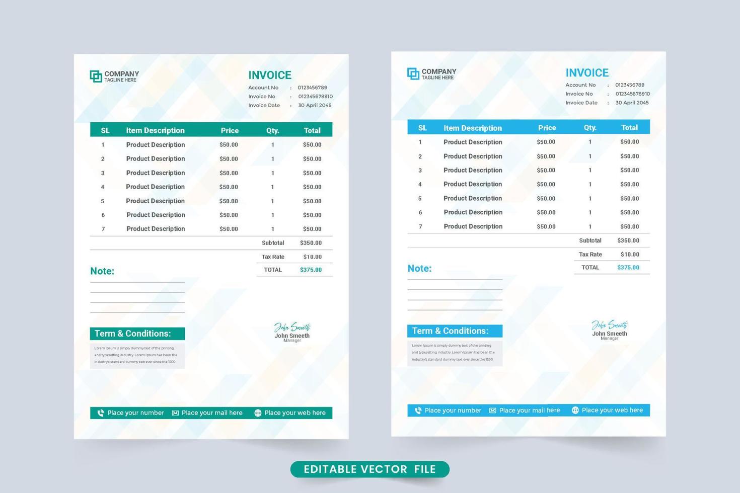 Payment Agreement and invoice template with digital shapes. Business Invoice and payment receipt template vector. Cash receipt design with green and blue color shapes. Corporate invoice decoration. vector