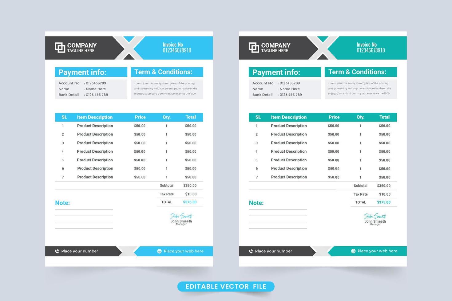 Payment agreement and invoice template vector. Purchase information and billing paper decoration with modern shapes. Cash receipt template with blue and green colors. Minimal invoice design. vector