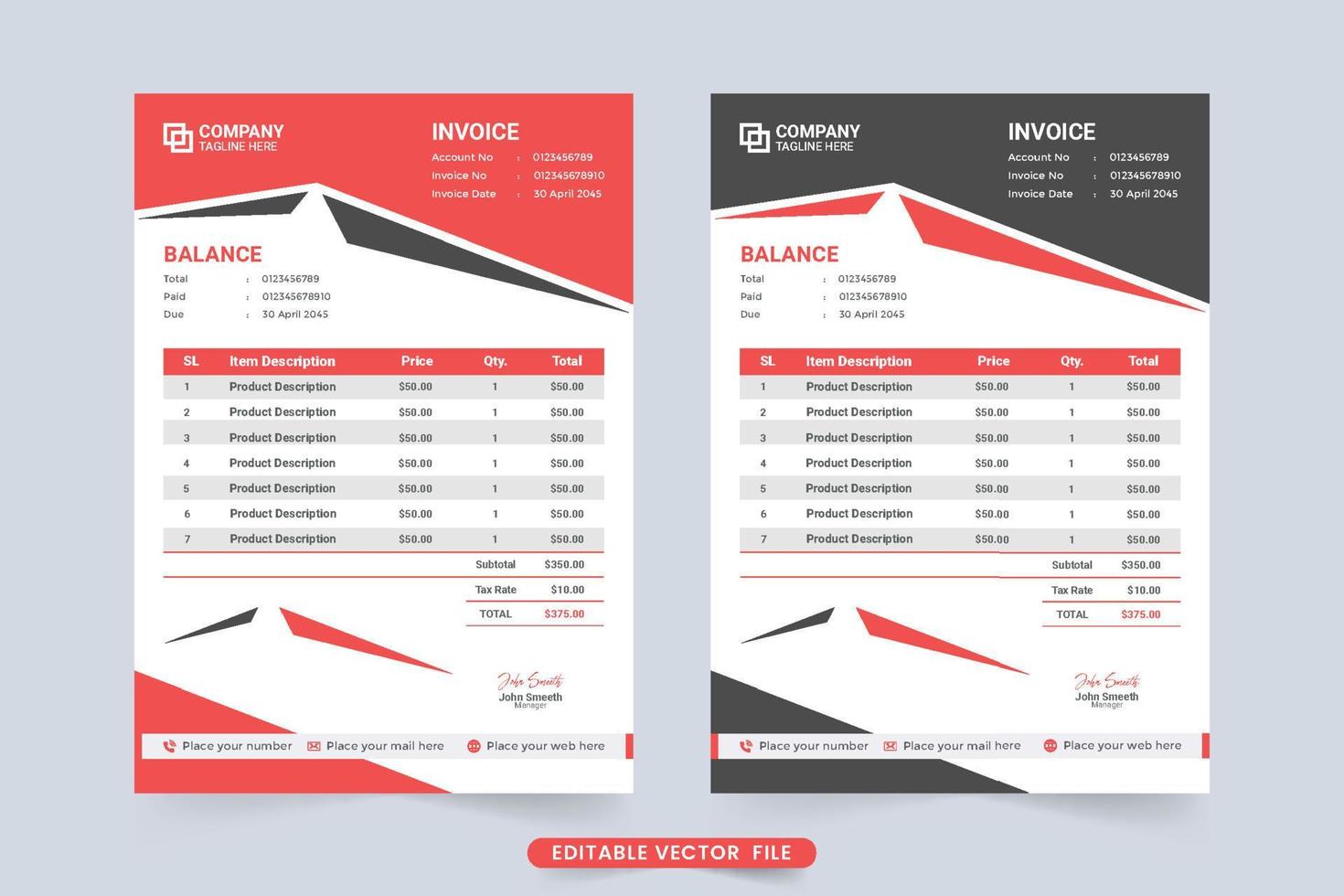 Business stationery and invoice template vector. Cash receipt design with abstract shapes and red and black colors. Payment agreement and invoice bill template for corporate business. vector