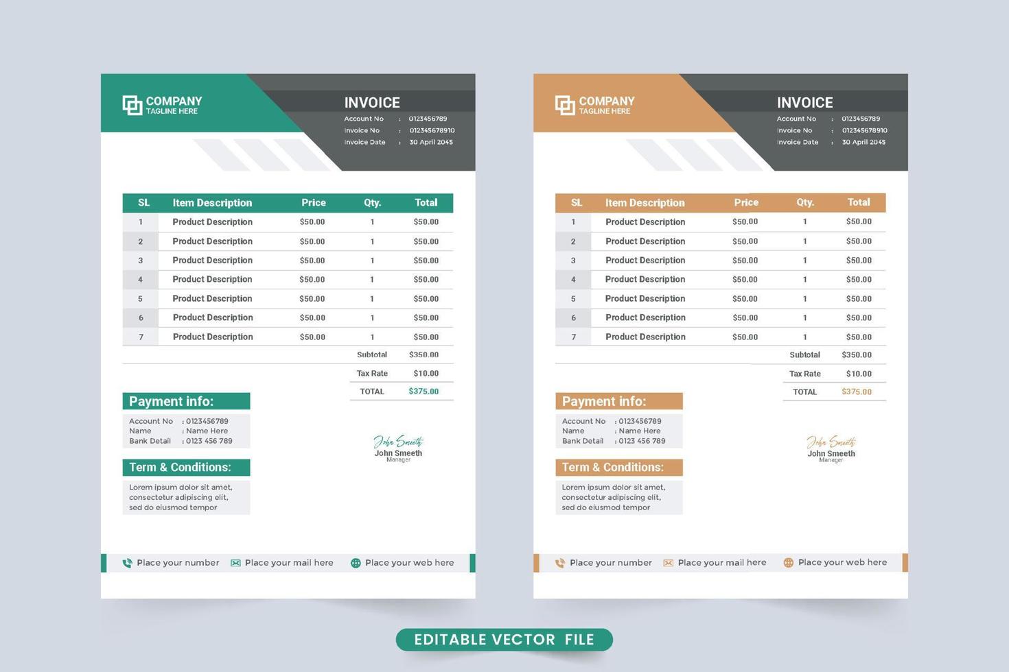 Payment agreement and invoice bill template vector. Corporate invoice decoration with orange and green shades. Business invoice template design with billing and payment agreement section. vector