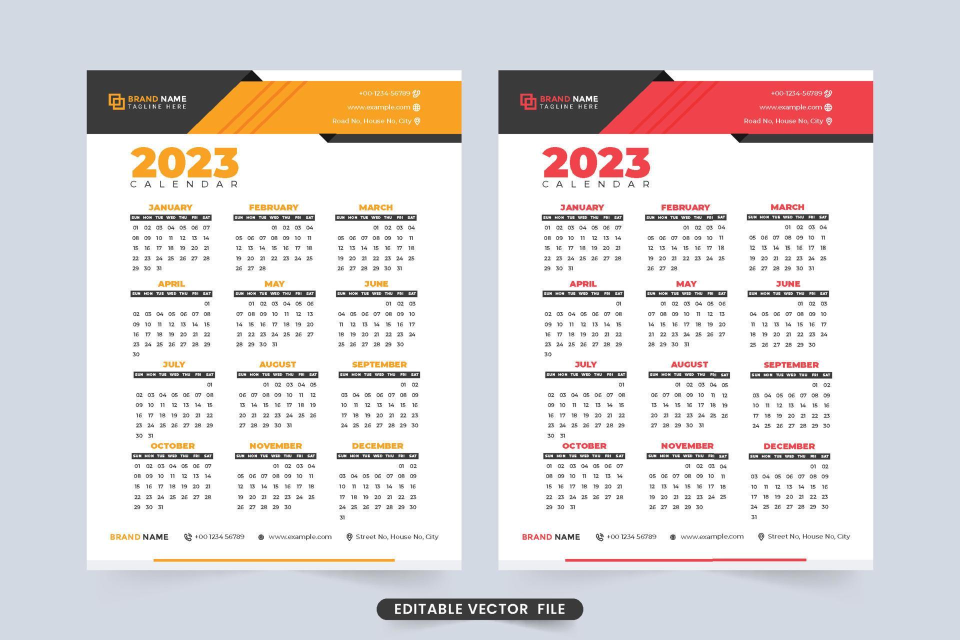 2023 calendar template design with yellow and red colors. Yearly