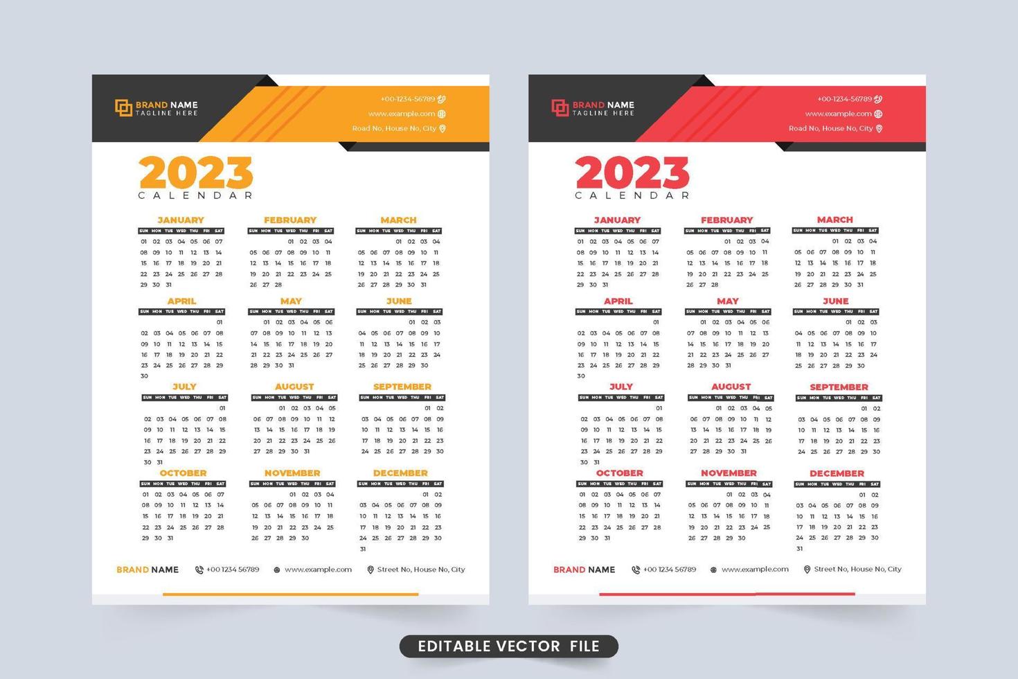 2023 calendar template design with yellow and red colors. Yearly business calendar minimalist design with digital shapes. Editable desk organizer calendar template for the year 2023. vector