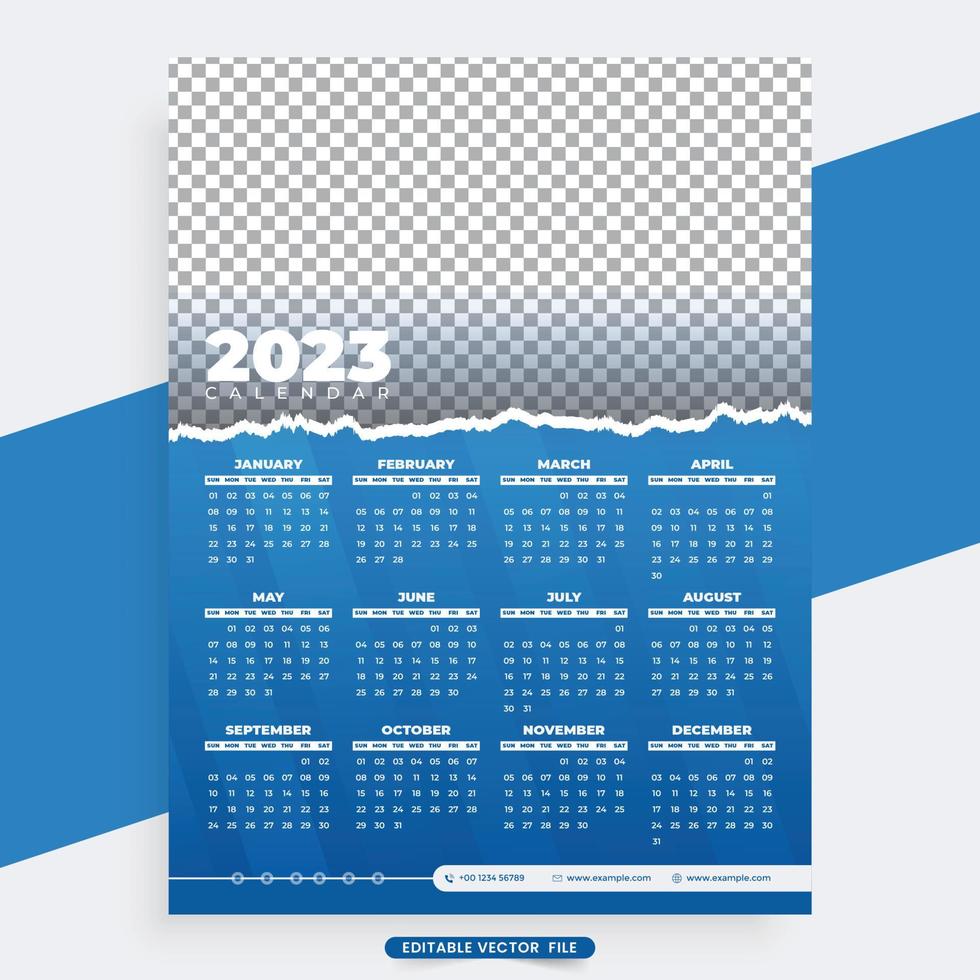 diseño moderno de calendario de año nuevo 2023 con color azul y efecto de pincel. calendario de negocios y plantilla de organizador de escritorio con formas abstractas. plantilla de diseño de calendario de año nuevo. la semana comienza el domingo. vector