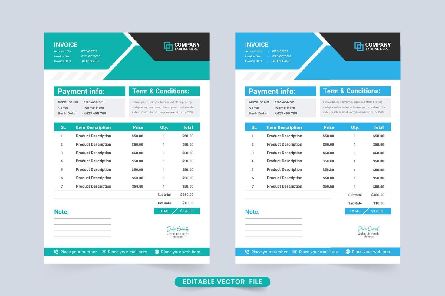 Minimal invoice template vector for modern business. Payment receipt and company billing paper with green and blue colors. Creative cash receipt design with modern shapes.