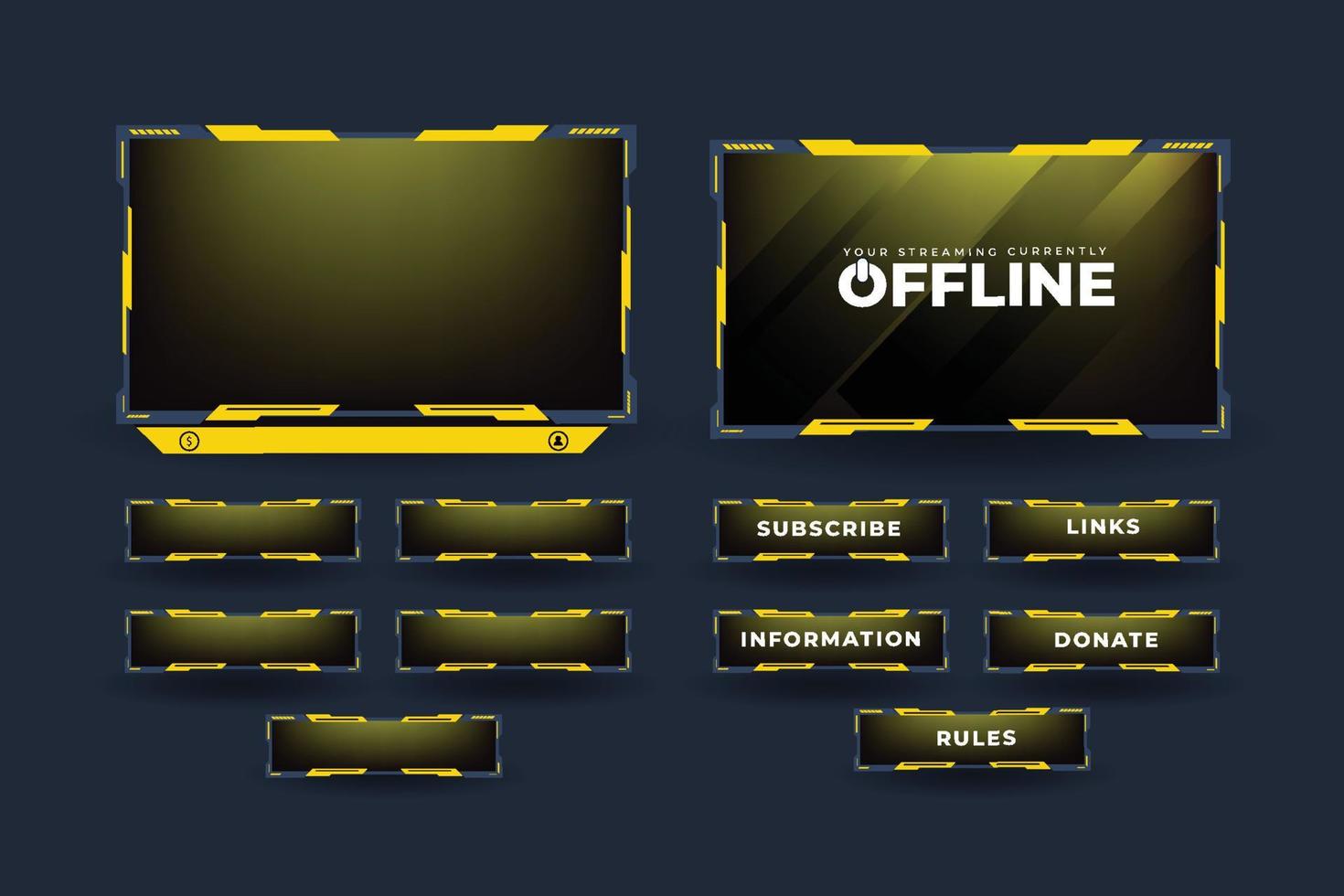 vector de superposición de pantalla de transmisión en vivo para jugadores en línea. superposición de transmisión de transmisión con colores amarillos y oscuros. decoración superpuesta de juegos en vivo con botones de suscripción y una pantalla sin conexión.