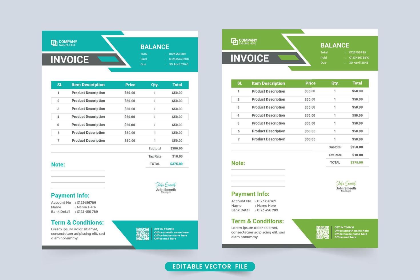 Minimalist payment receipt and business invoice vector. Invoice template decoration with blue and green colors. Payment agreement and invoice bill template design for modern business. vector