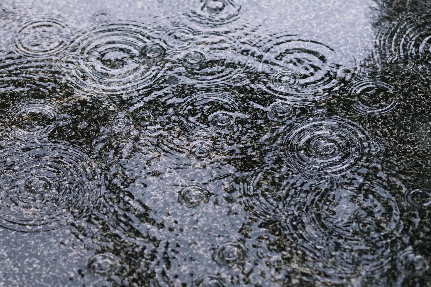 Rain drops in the water heavy on asphalt shade of black shadow and reflection of dark sky in the city. high contrast during autumn photo