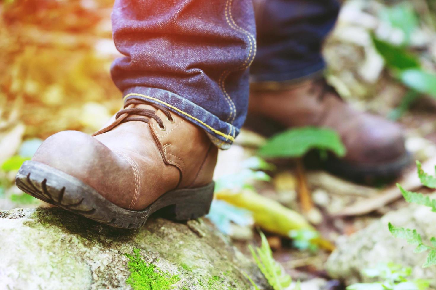 viajero turista excursionista zapatos de primer plano botas y bastones de senderismo bastones. hombre excursionistas turísticos caminando en el sendero de los escalones del bosque en un tronco de madera con sol. concepto de viaje foto