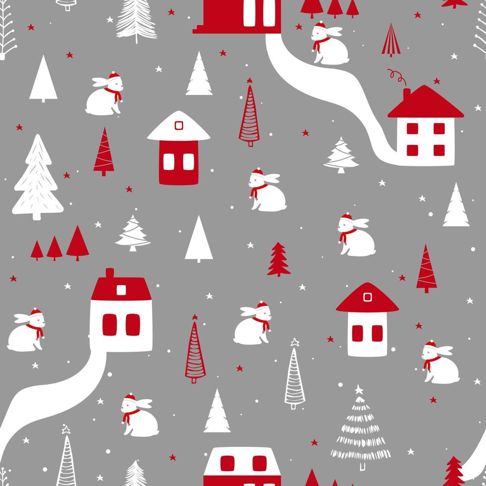 Funny seamless vector pattern with rabbit, houses, snowflakes and Christmas tree. Can be used  for fabric, phone case and wrapping paper. New year 2023.