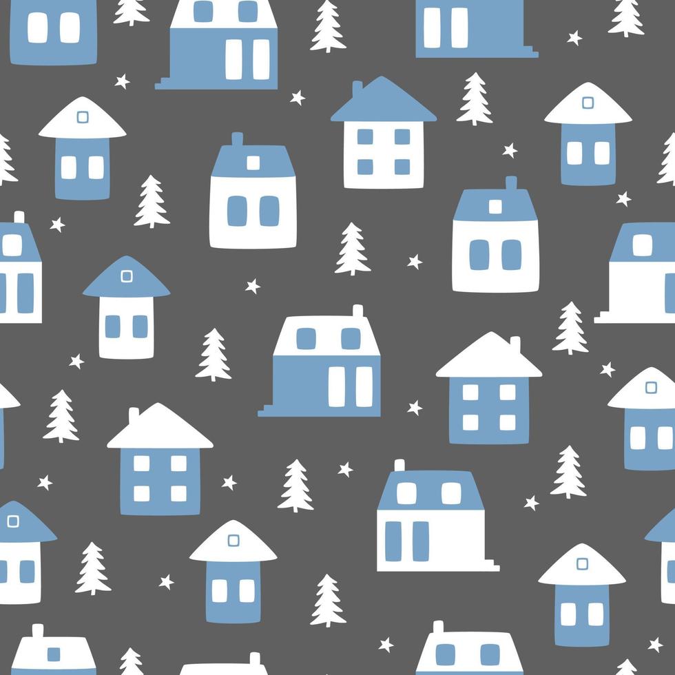 Funny seamless vector pattern with houses, stars and Christmas tree. Can be used  for fabric, phone case and wrapping paper.