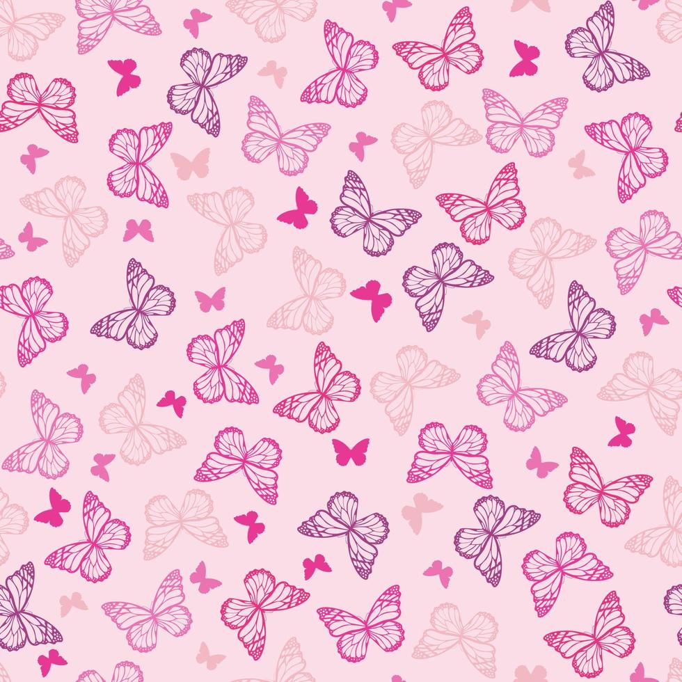 siluetas coloridas de mariposas sobre un fondo rosa tranquilo. insectos patrón de verano de garabato sin costuras. adecuado para embalaje, textil, papel pintado, estuche de teléfono. vector