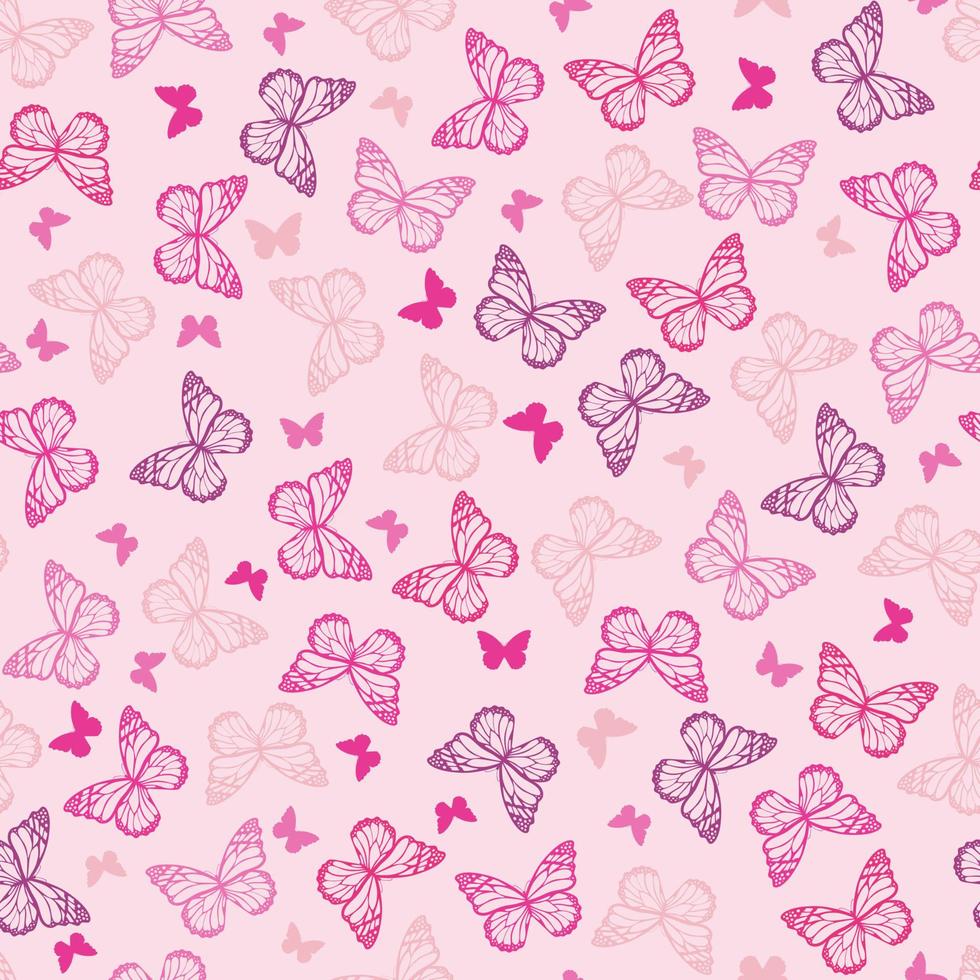 Colorful silhouettes of butterflies on a calm pink background. Insects. Seamless doodle summer pattern. Suitable for packaging, textile, wallpaper, phone case. vector