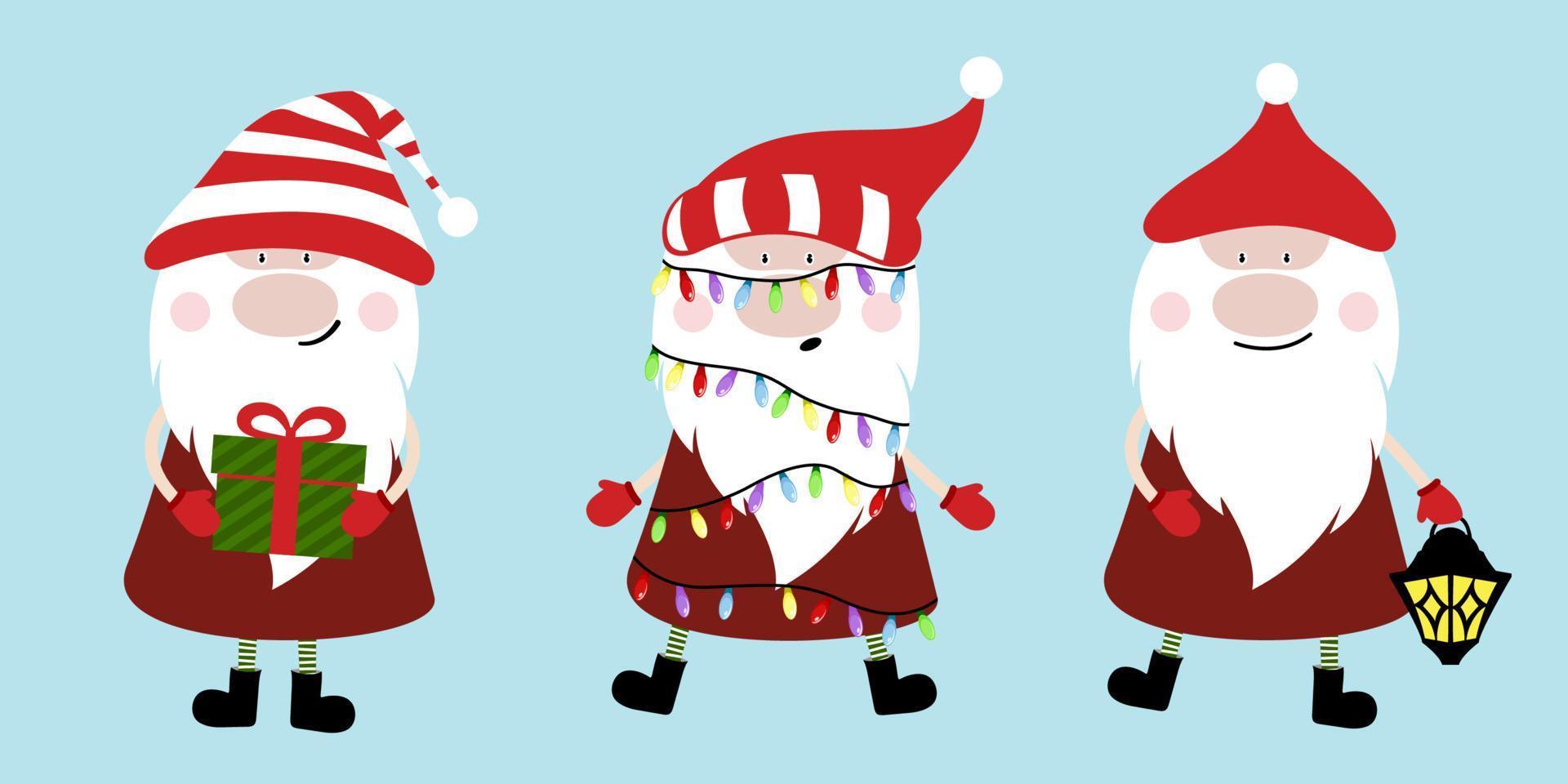 Christmas gnomes collection. Xmas decorating design. Winter traditional celebration decoration. Funny little gnome, elves, gnomies, dwarf. vector