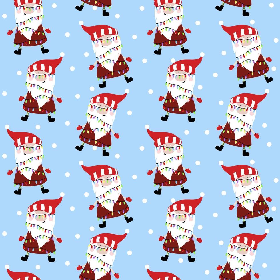 Christmas gnomes with Christmas garland. Dwarves in colorful costumes. Color garland. Seamless pattern. Suitable for paper and textile. vector