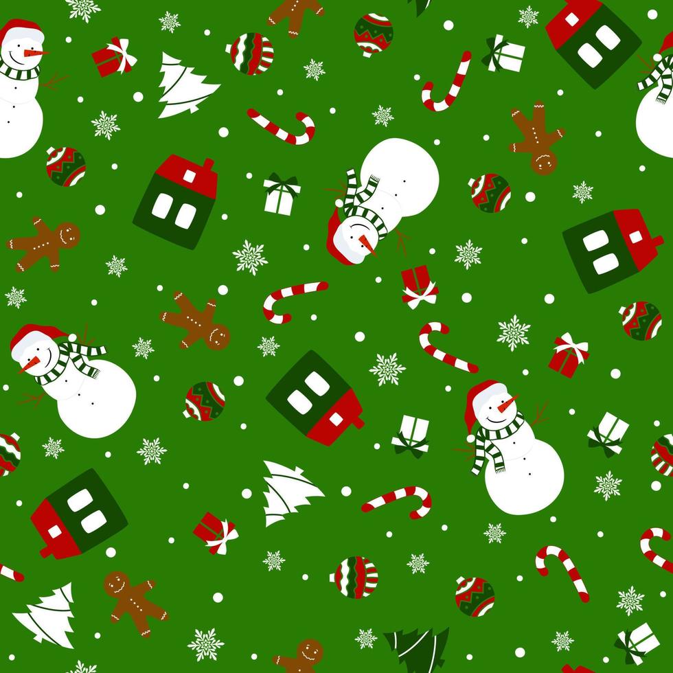 patrón sin costuras de Navidad con muñeco de nieve. patrón de invierno con copos de nieve, jengibre, árboles y regalos vector