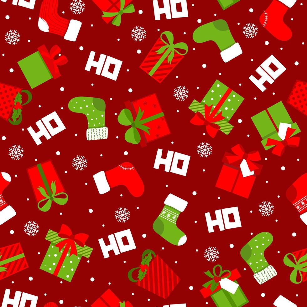 Seamless background with typography Ho ho ho pattern design with red background and gift boxes. vector