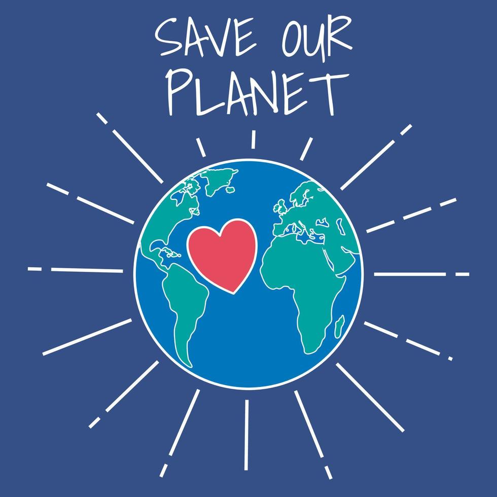 save our planet text with heart icon inside earth vector