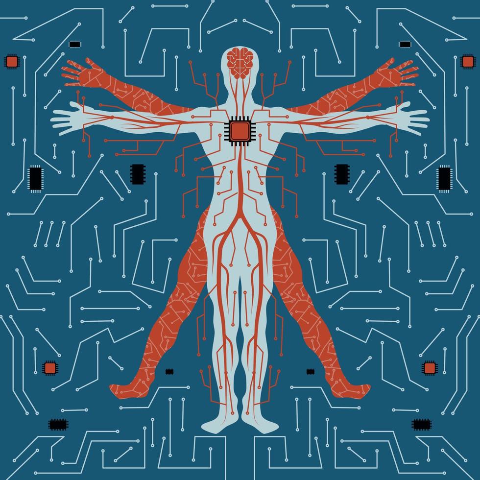 human anatomy with circuit line and brain conected to processor suitable for artficial intelligence illustration vector