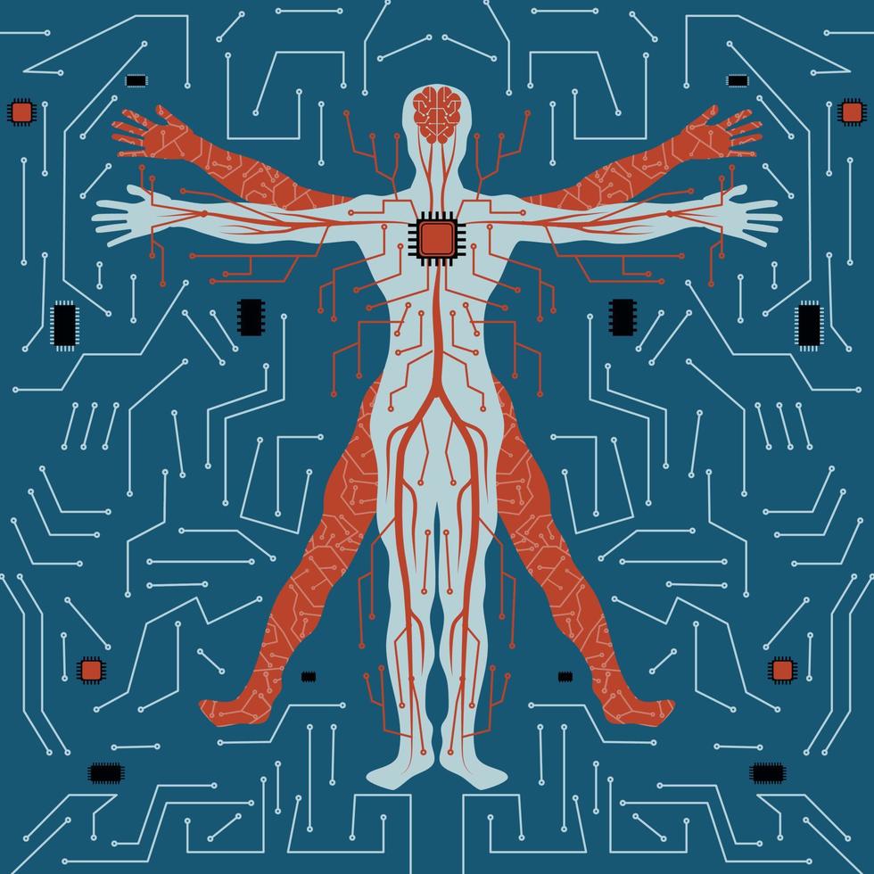 human anatomy with circuit line and brain conected to processor suitable for artficial intelligence illustration vector