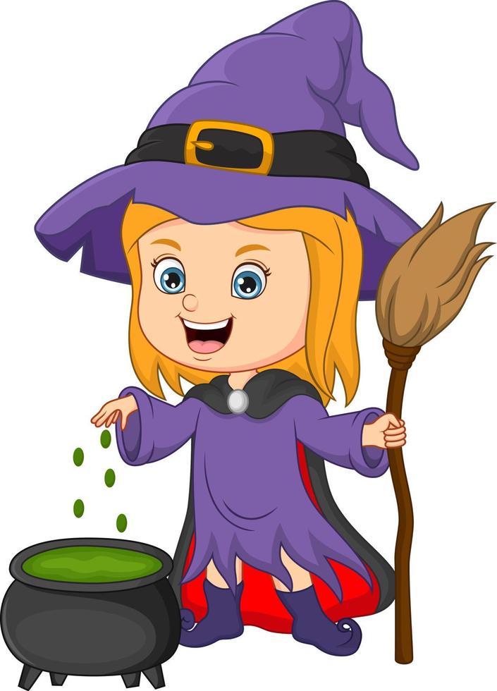 Cute little witch cooking a potion in cauldron vector