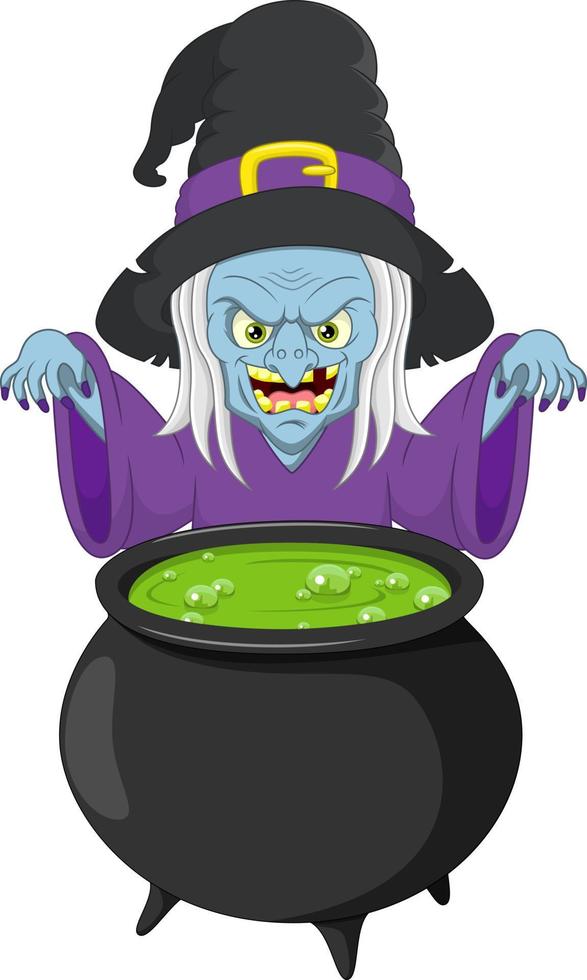 Cute old witch cartoon with cauldron vector