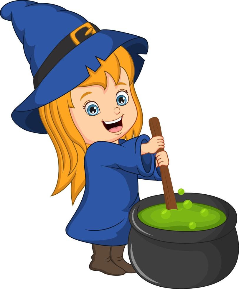 Cute little witch cooking a potion in cauldron vector