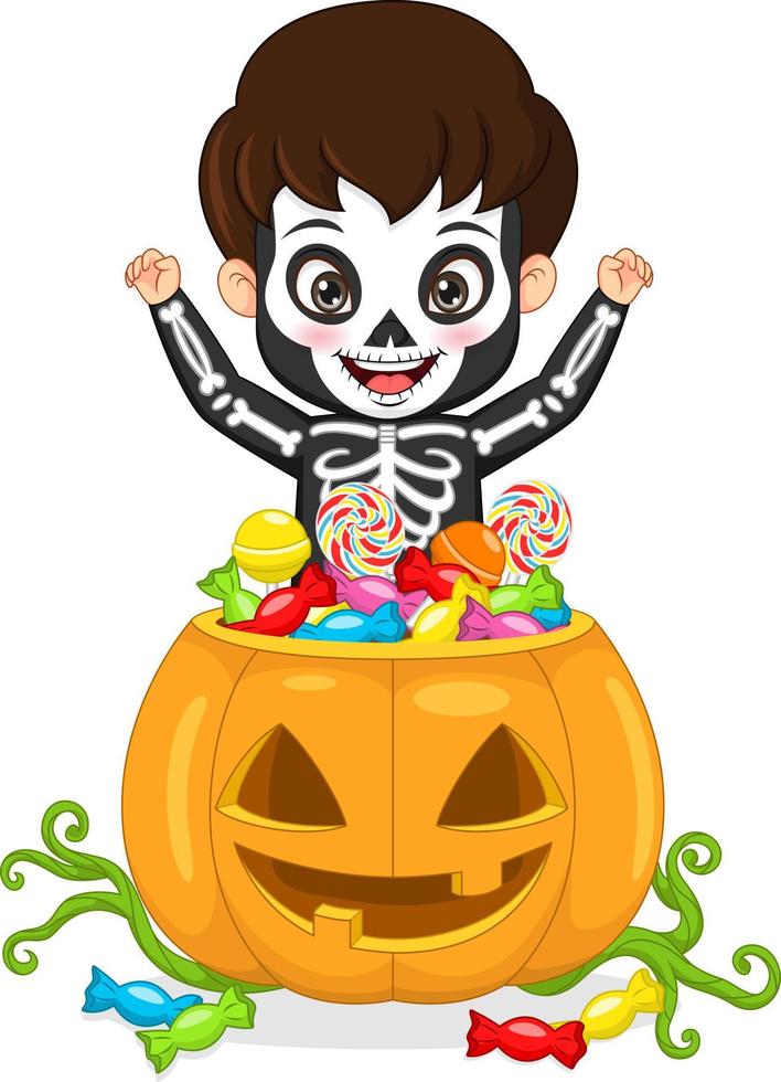 Cute skeleton boy with basket of candies vector