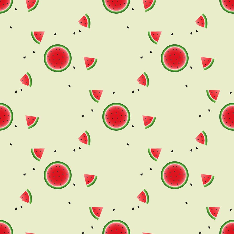 fondo de sandía y patrón sin costuras, diseño plano de hojas verdes e ilustración de jugo de flor y sandía, concepto de fruta fresca y jugosa de comida de verano. vector