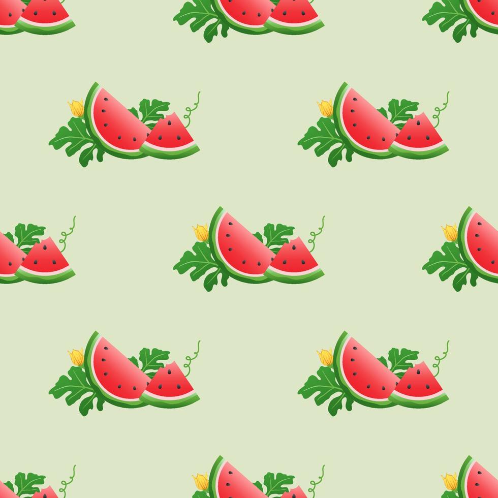 fondo de sandía y patrón sin costuras, diseño plano de hojas verdes e ilustración de jugo de flor y sandía, concepto de fruta fresca y jugosa de comida de verano. vector