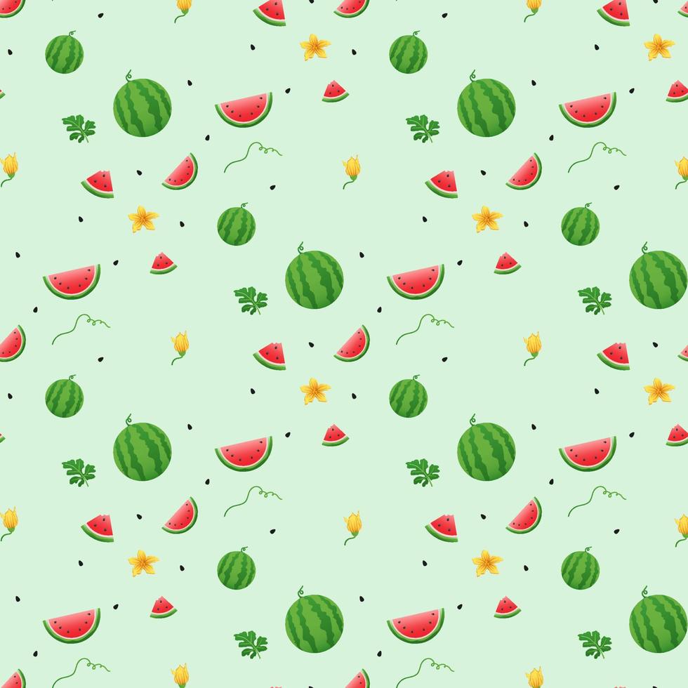 Watermelon background and seamless pattern, flat design of green leaves and flower and watermelon juice illustration, Fresh and juicy fruit concept of summer food. vector
