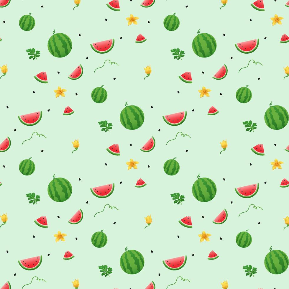 fondo de sandía y patrón sin costuras, diseño plano de hojas verdes e ilustración de jugo de flor y sandía, concepto de fruta fresca y jugosa de comida de verano. vector