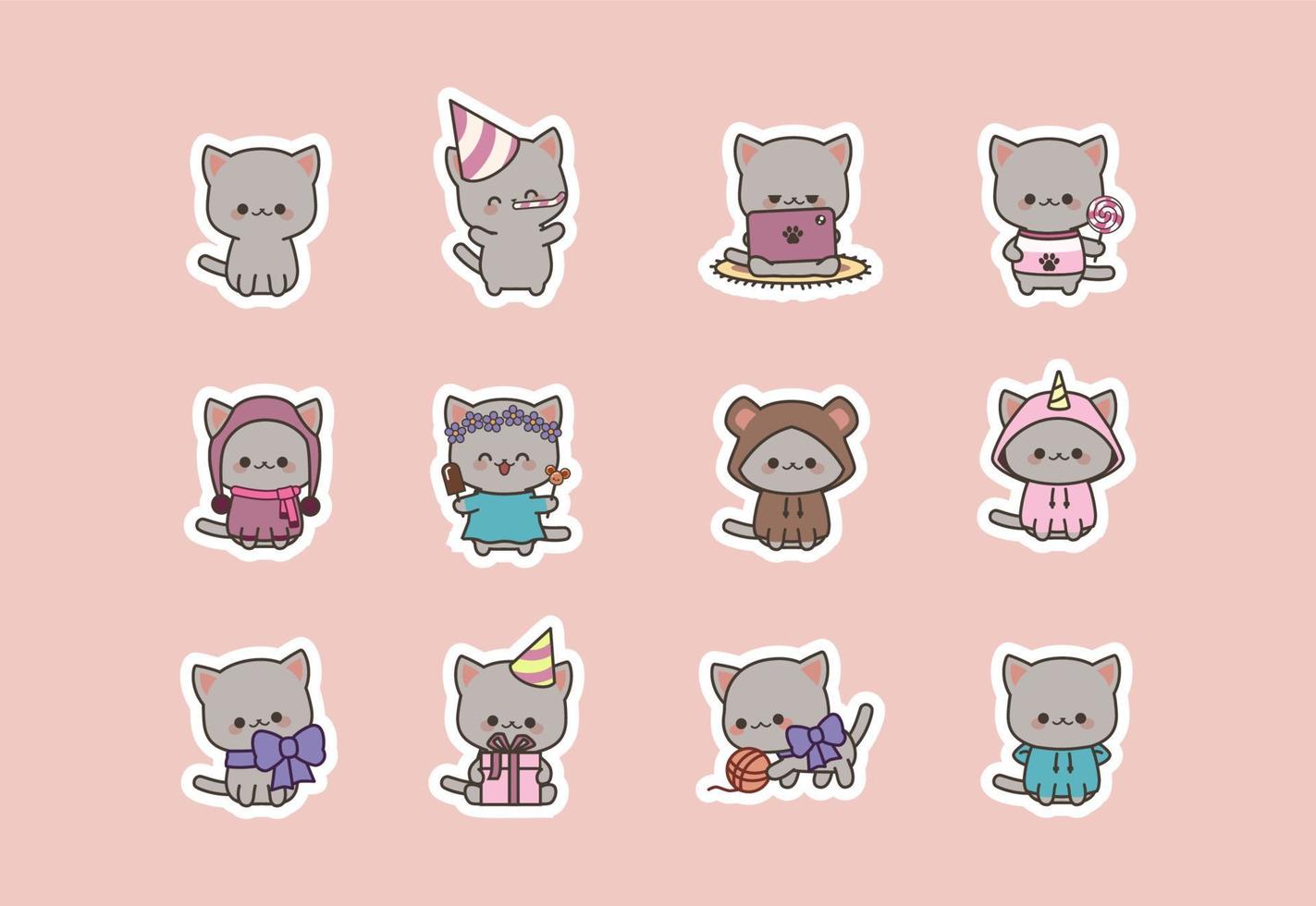 Set isolated cute  kitty kawaii chibi style sticker. Cat character. Vector Illustration